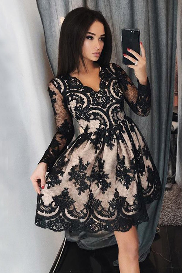 Black Lace Appliques Long Sleeves Short Prom Homecoming Dress OM179