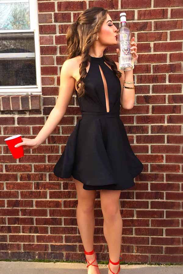 Black High Neck Cut Out Short Prom Dress Homecoming Dress With Pleats