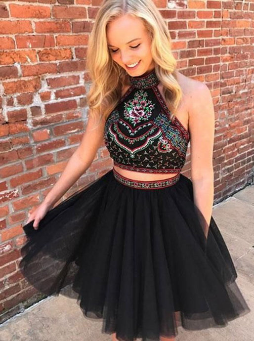 Black Two Piece Embroidered Bodice Homecoming Dress With Tulle Skirt OM258