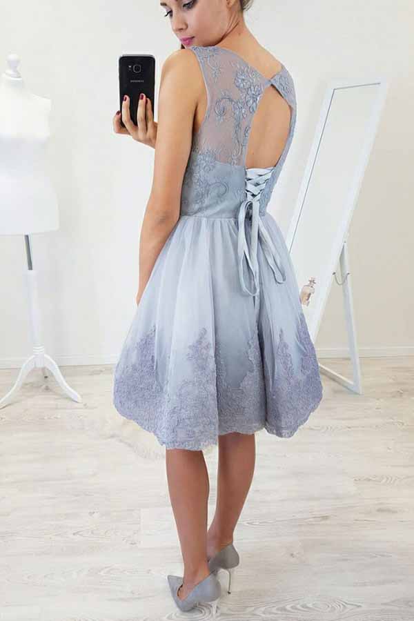 A-line Fit & Flare Open Back Short Prom Dress With Lace Appliques