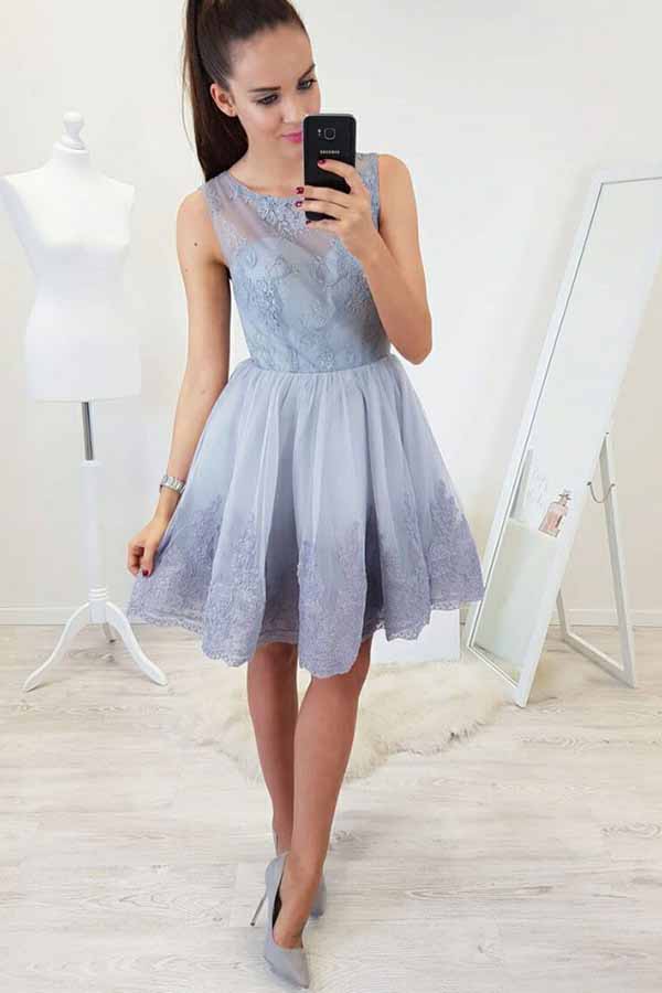 A-line Fit & Flare Open Back Short Prom Dress With Lace Appliques