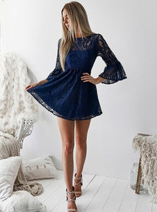 A-line Bateau Lace Navy Blue Bell Half Sleeves Homecoming Dress With Open Back OM233