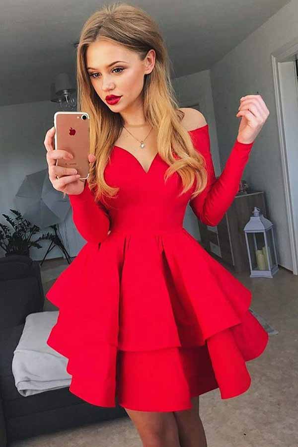Off the Shoulder V-neck Tiered Red Long Sleeves Satin Short Prom Dress OM255