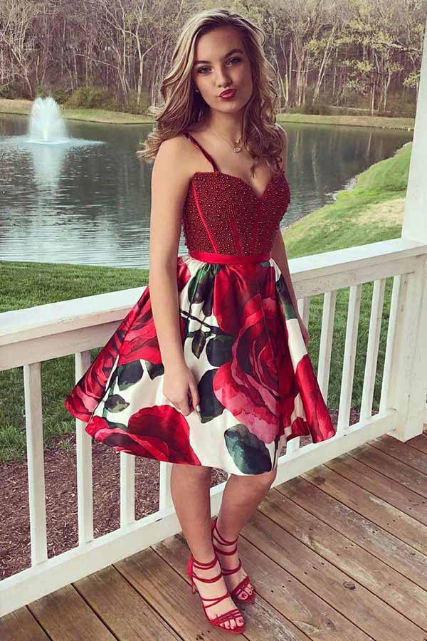 Beading Bodice Spaghetti Short Prom Dress With Floral Print Skirt Homecoming Dress OM254