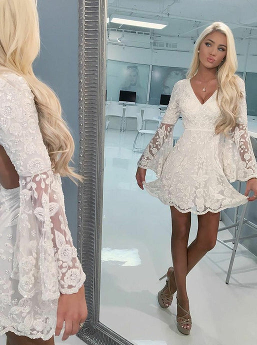 A-line Ivory Lace Beading Short Party Dress With Bell Sleeves OM259