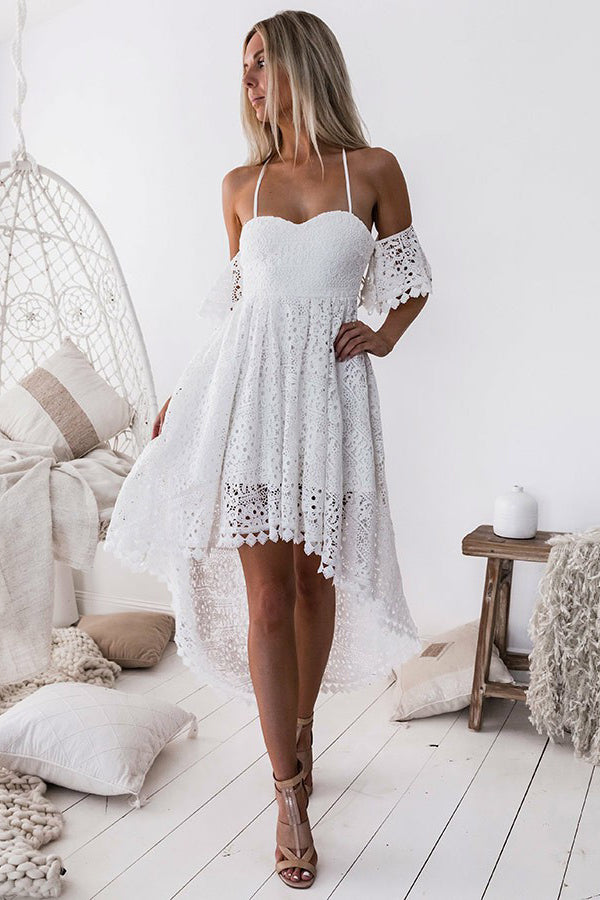 Off-Shoulder White Pleated Hollow Out Lace High Low Homecoming Dress OM261