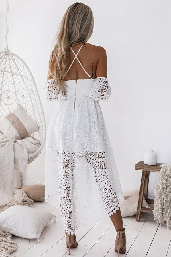 Off-Shoulder White Pleated Hollow Out Lace High Low Homecoming Dress OM261
