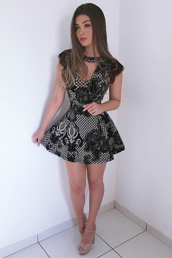 Jewel Cutout Lace Short Mini Dress Cap Sleeve Black Appliques Party Dress OM279