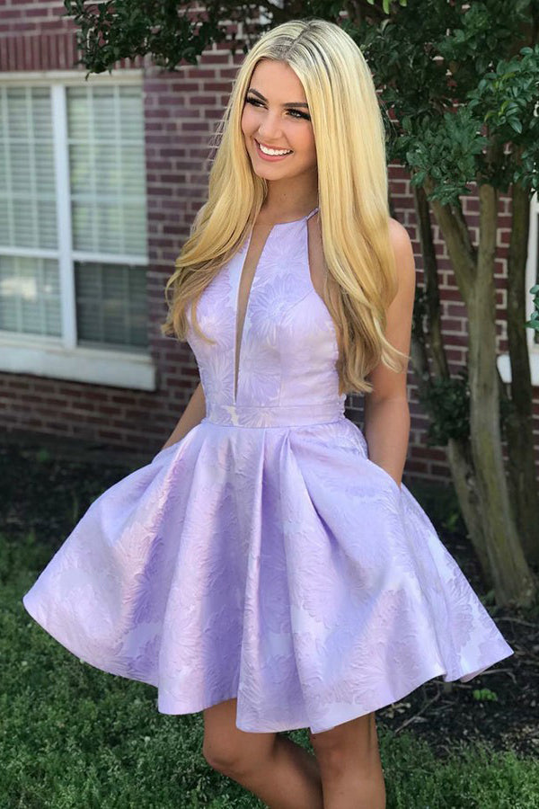 Lilac Printed Satin Short Prom Homecoming Dress With Pockets OM287