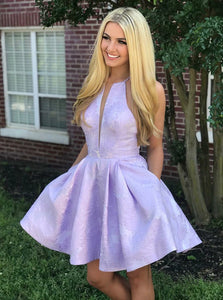 Lilac Printed Satin Short Prom Homecoming Dress With Pockets OM287