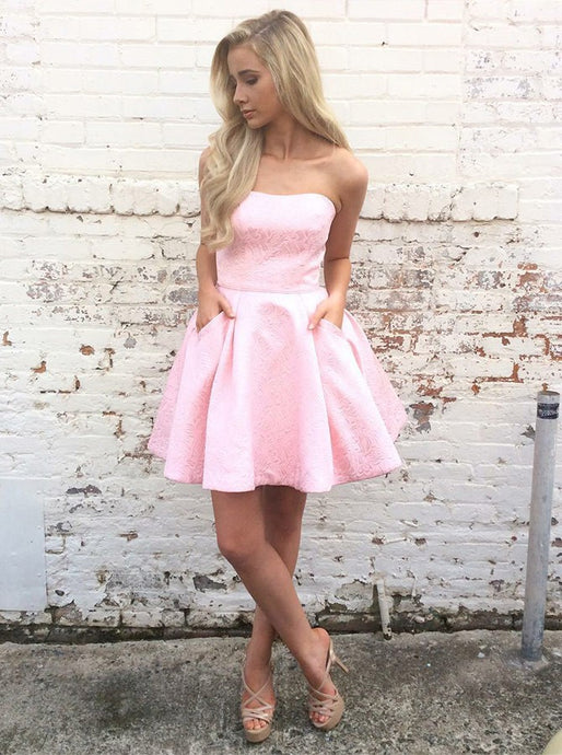 Pink Short Prom Dress Strapless Homecoming Dress With Pockets OM286