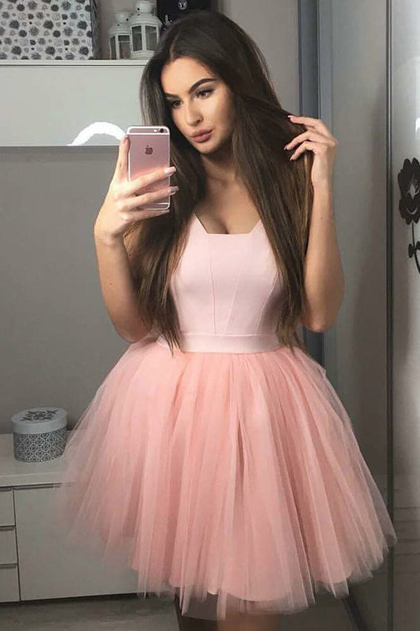 Blush Pink Satin Bodice Short Homecoming Dress With Tulle Pleated Skirt OM283