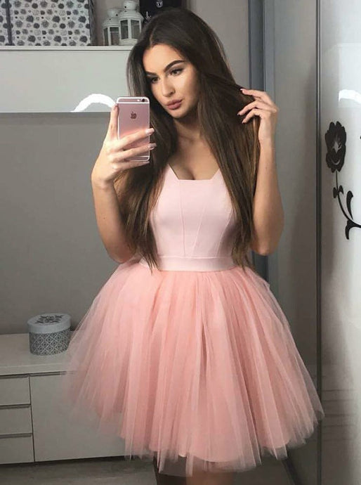 Blush Pink Satin Bodice Short Homecoming Dress With Tulle Pleated Skirt OM283