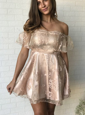 A-line Off the Shoulder Lace Satin Short Homecoming Party Dress OM292