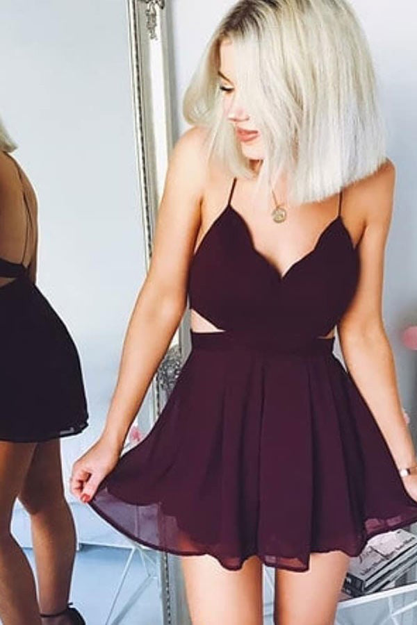 Cute Chiffon Maroon Homecoming Dress Backless Party Dress OM205