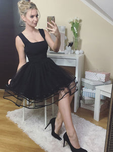 A-line Square Black Short Prom Dress Tulle Pleated Homecoming Dress OM293