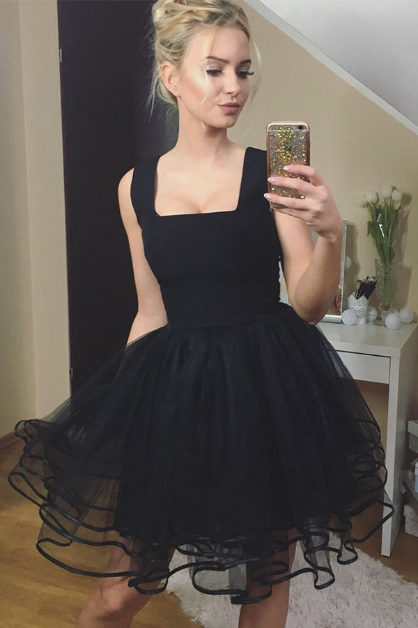 A-line Square Black Short Prom Dress Tulle Pleated Homecoming Dress OM293