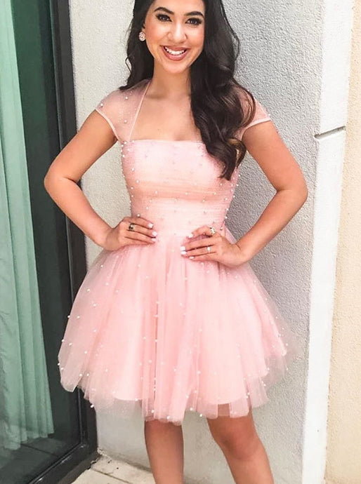 Chic Sparkly Cap Sleeves Homecoming Dress, Tulle Pearls Short Prom Dress OM460