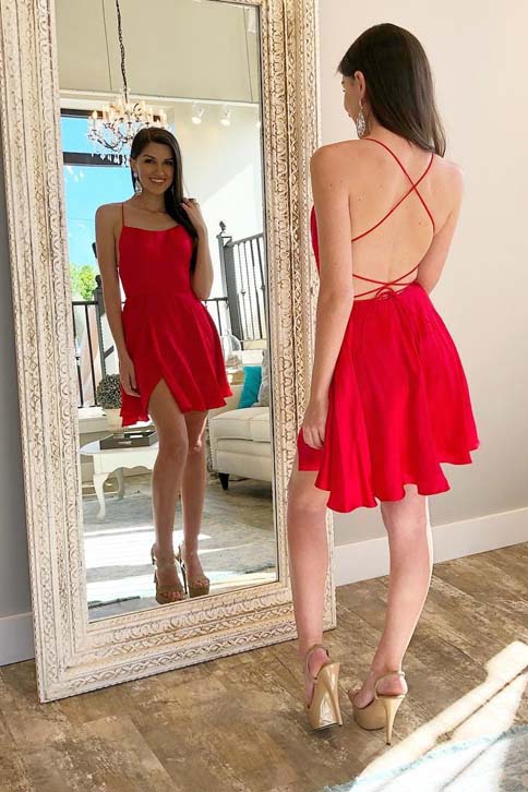 Red Homecoming Dress with Criss-Cross Straps, Backless Short Party Dress OM456
