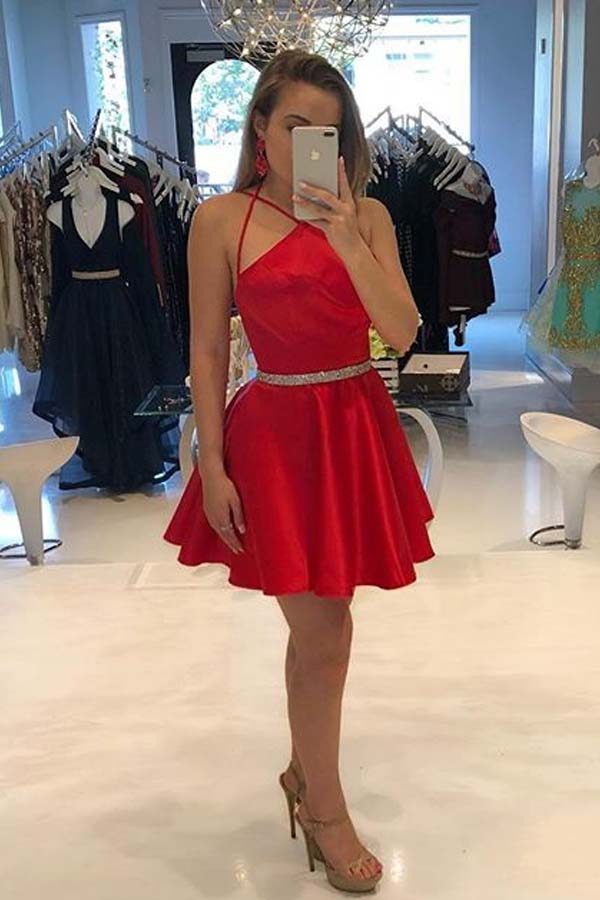 A-Line Spaghetti Red Satin Homecoming Dress with Beading Waist OM455