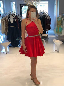 A-Line Spaghetti Red Satin Homecoming Dress with Beading Waist OM455