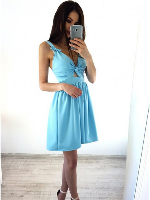 Cute A-Line V-Neck Ice Blue Short Homecoming Party Dress With Knot OM410