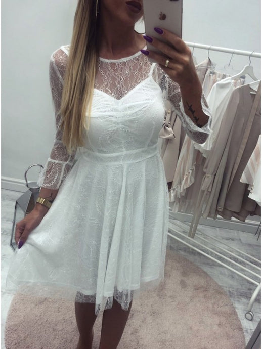 A-Line Round Neck Long Sleeves Lace Short Homecoming Dress OM370