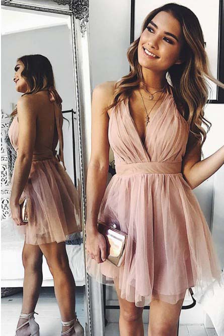 Simple Blush Homecoming Dress A-Line Backless Semi Formal Party Dress OM452
