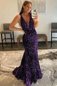 Charming Mermaid Deep V Neck Purple Sequins Long Prom Dresses N122