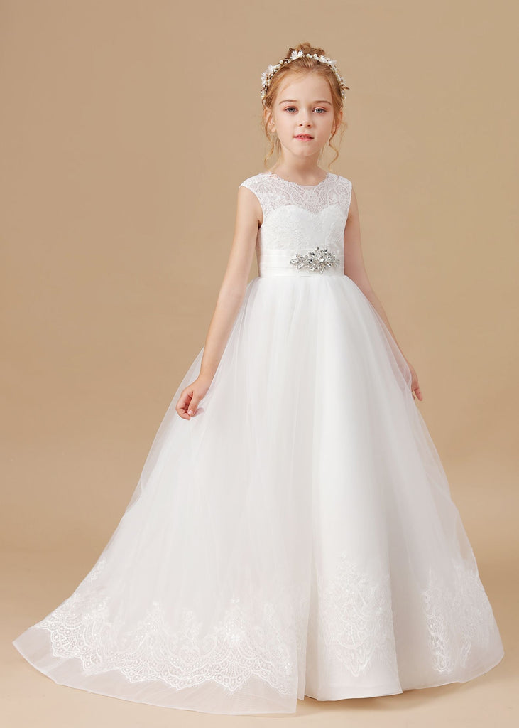 Tulle Satin Sleevelesss Lace Long Flower Girl Dresses