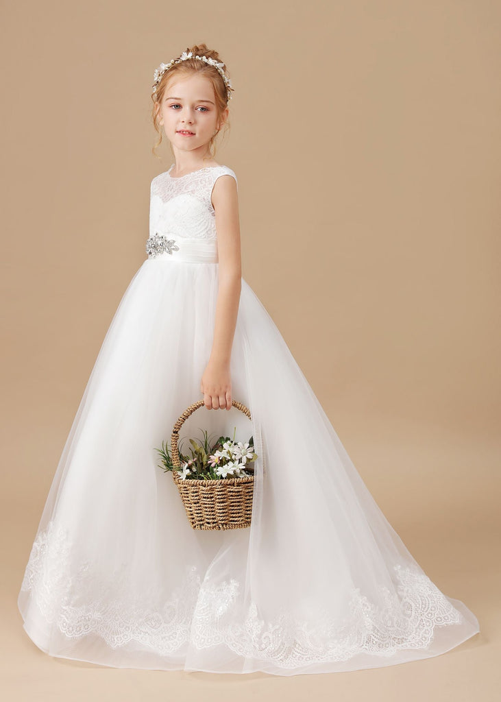 Tulle Satin Sleevelesss Lace Long Flower Girl Dresses