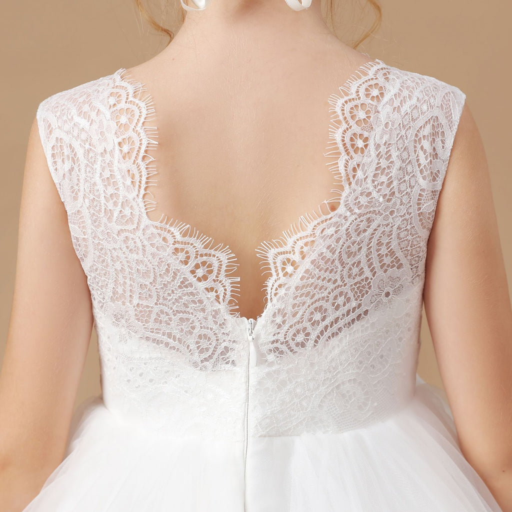 Tulle Satin Sleevelesss Lace Long Flower Girl Dresses