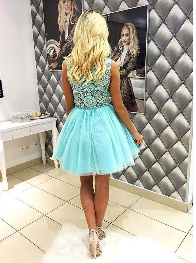 Mint Green A-Line V-Neck Tulle Short Prom Dress With Lace