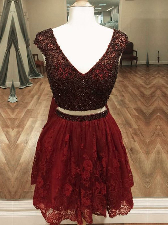 Burgundy Two Pieces V-Neck Cap Sleeves Short Lace Prom Dress with Beading