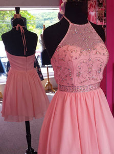 A-Line Pink Halter Beading Chiffon Short Prom Dress Graduation Party Dress