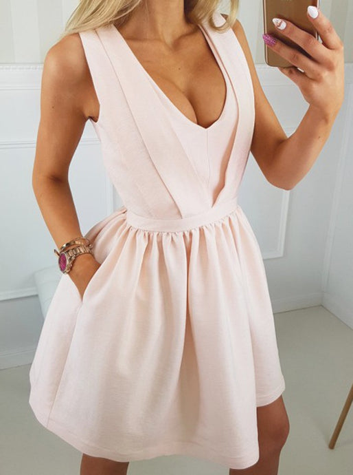 Pearl Pink A-Line V-Neck Cut Out Open Back Satin Short Prom Dress With Pockets OC131
