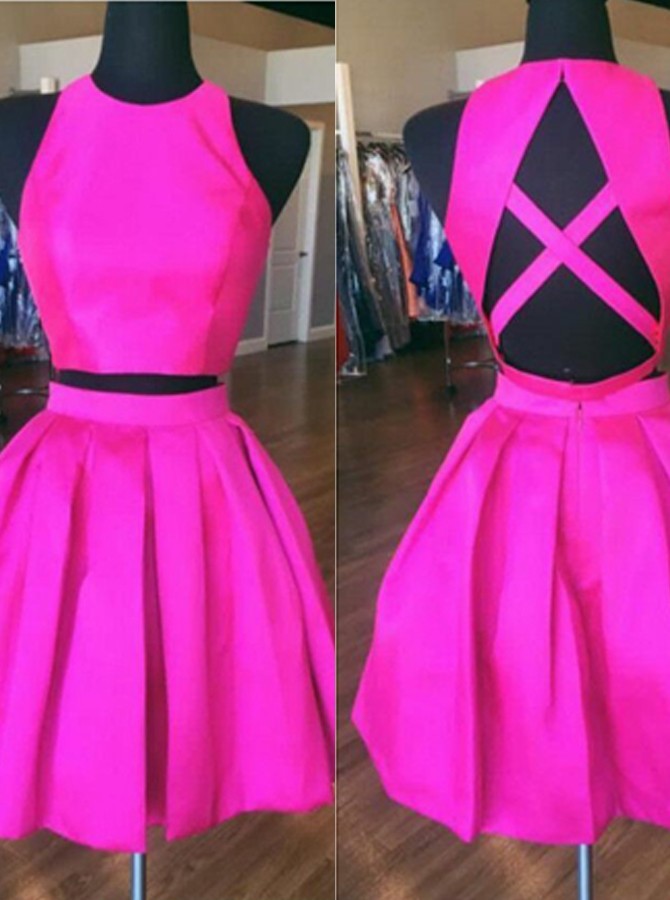 Fuchsia Two Piece Round Neck Satin Women's Cross Back Dress OC112