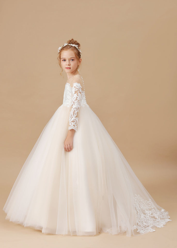 Floor-length Tulle Satin Long Sleeves Lace Flower Girl Dresses