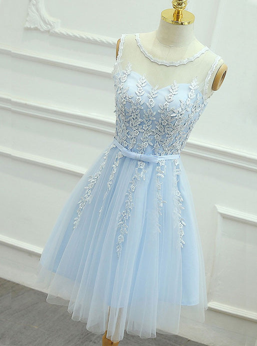 A-Line Jewel Keyhole Back Tulle Homecoming Dress With Sash Appliques OM118