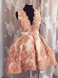Blush Plunge Neckline Tulle Homecoming Dress With Florals Applique Beading OC107