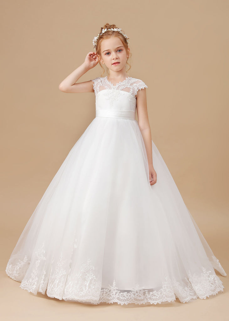 Tulle Satin Ivory V-neck Lace Floor-length Flower Girl Dress
