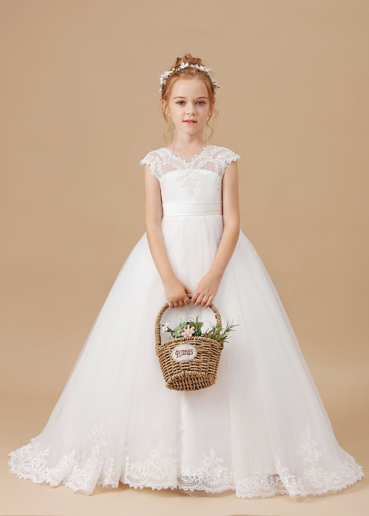 Tulle Satin Ivory V-neck Lace Floor-length Flower Girl Dress