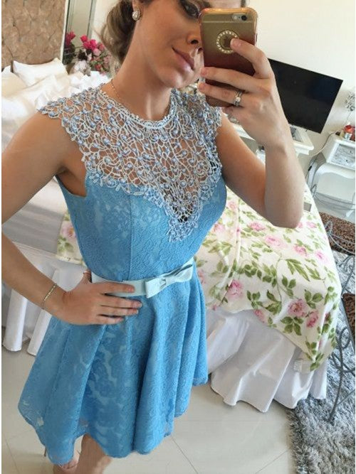 A-Line Jewel Keyhole Back Lace Short Prom Homecoming Dress With Bowknot OM130