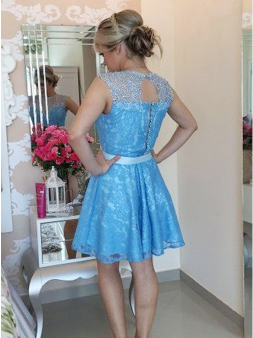A-Line Jewel Keyhole Back Lace Short Prom Homecoming Dress With Bowknot OM130