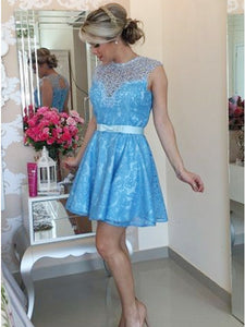 A-Line Jewel Keyhole Back Lace Short Prom Homecoming Dress With Bowknot OM130