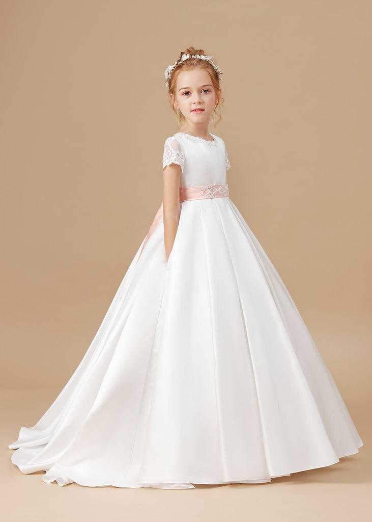 Lace Satin Ivory Long Flower Girl Dress With Pink Bowknot