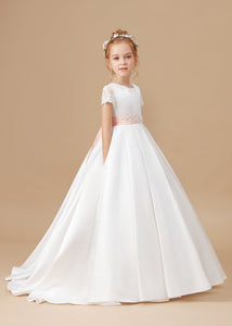 Lace Satin Ivory Long Flower Girl dress With Pink Bowknot