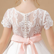 Lace Satin Ivory Long Flower Girl dress With Pink Bowknot