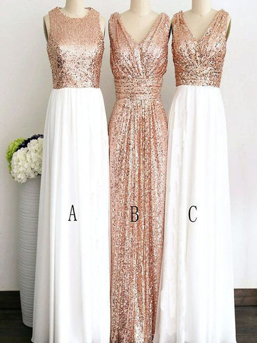 Round/V-neck A/B/C Rose Gold Pattern Long Sequins Bridesmaid Dress OB135
