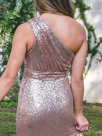 Luxury One-Shoulder Sparkly Sequined Rose Gold Bridesmaid dress OB136